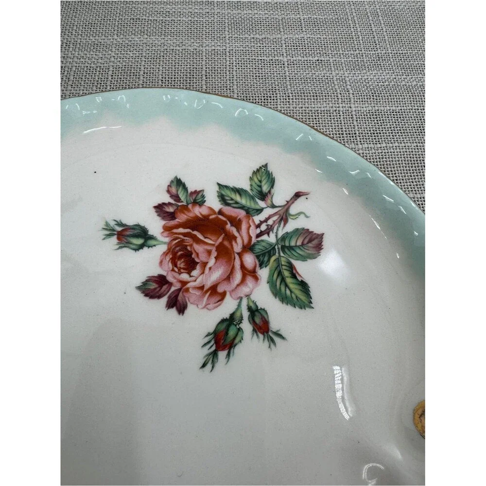 Vintage Floral Porcelain Tea Cup Tray Mint Green Gold Rose Serving Dish
